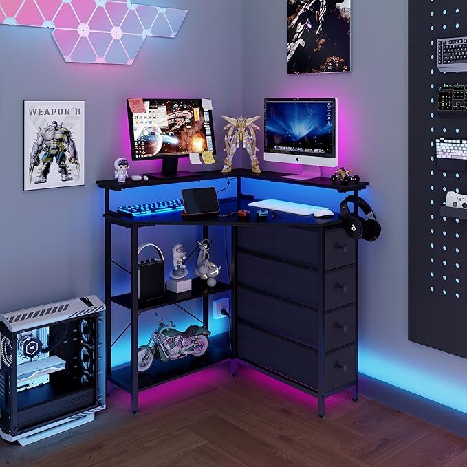 Corner Desk with Drawers Shelves for Small Space 90 Degrees Triangle Computer Desk with Power Outlets,Gaming Desk with LED Lights Monitor Stand for Home Office Workstation Writing Table (Black)