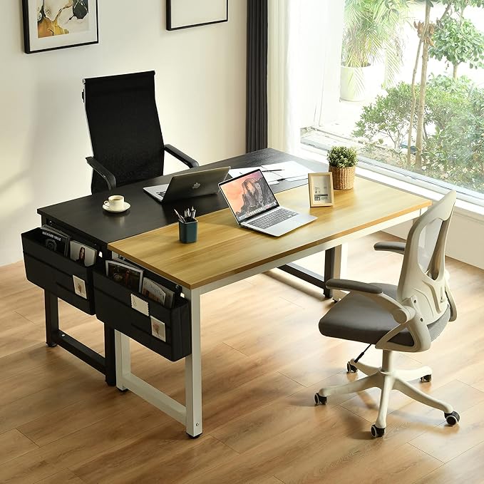 Large Computer Desk - 63 Inch Home Office Desks Study Student Writing Table Gaming Desk Wood Modern Simple Table with Storage Bag & Headphone Hooks, Rustic White