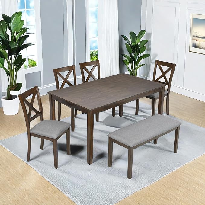 Dining Table Set, 6-Piece Modern Rectangular Dining Table & Chair Set with 4 Upholstered X-Shaped Backrest Chairs and a Bench, Walnut