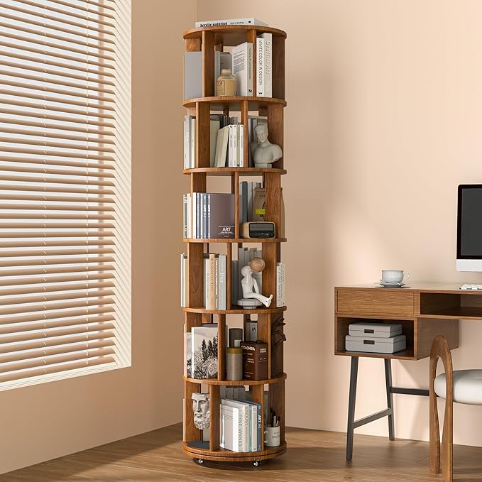 6 Tier Solid Wood Rotating Bookcase with Wheels, Round Revolving Bookshelf Organizer, 360° Spinning Storage Shelf for Corner, Small Narrow Spaces, Home, Office, Kids Room