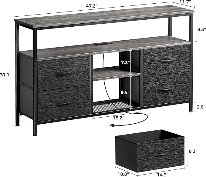 Huuger 47 Inch TV Stand Dresser with Power Outlets and LED Lights, 4 Drawers Entertainment Center with Open Shelf, Media Console for 55 50 Inch TV, Dresser with PU Finish, Grey and Black