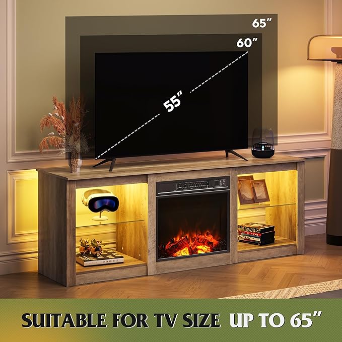 WLIVE 58 Inches Fireplace TV Stand with LED Lights, Modern Entertainment Center with 18'' Electric Fireplace & Adjustable Glass Shelves, Sturdy Media Console for Living Room, Bedroom (Grey Oak)
