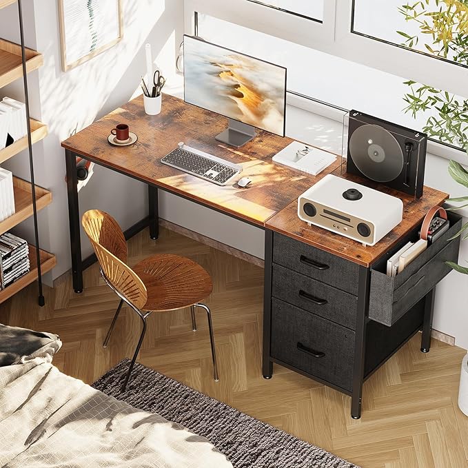 Casaottima 40" Small Computer Home Office Desk for Bedroom with Fabric Drawers & File Cabinet, Cloth Storage Bag and Hook, Writing Study Work Table for Small Space, Vintage