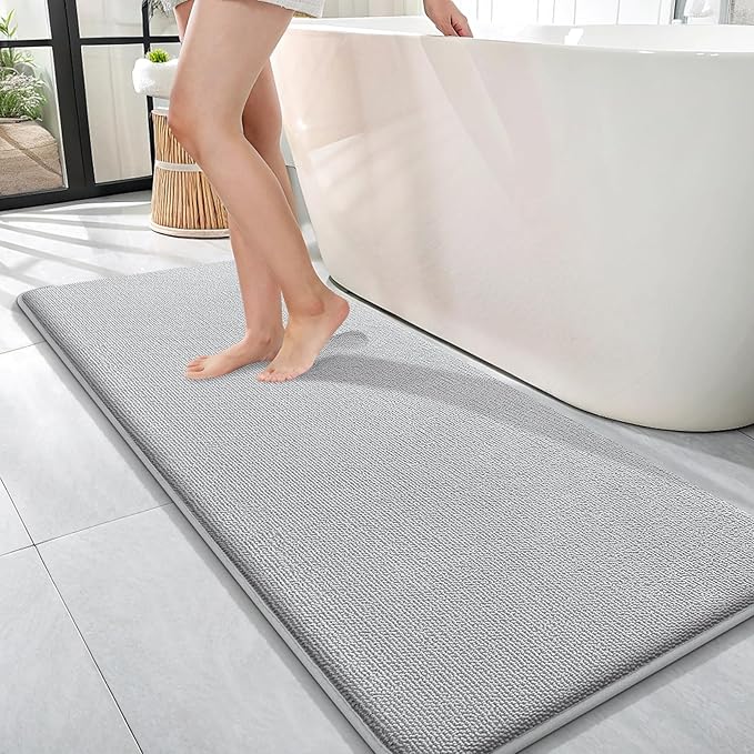 OLANLY Thick Memory Foam Bath Mat Rug 47x17, Extra Soft Absorbent Bathroom Rug, Quick Dry Bath Mats, Non-Slip, Machine Washable Carpet for Bathroom, Tub and Shower, Home Decor Accessories, Light Grey