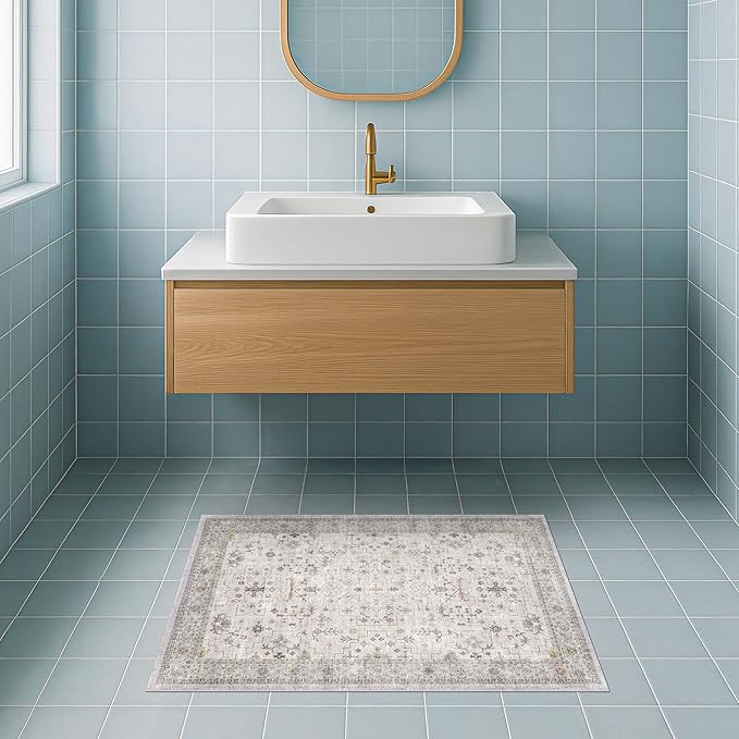 Light Grey Boho Bathroom Rug 2x3 - Modern Vintage Eclectic Floral Pastel Neutral Taupe, Washable Low Pile Non-Slip Small Throw Area Rugs for Entryway Door Mat Indoor Entrance, Kitchen