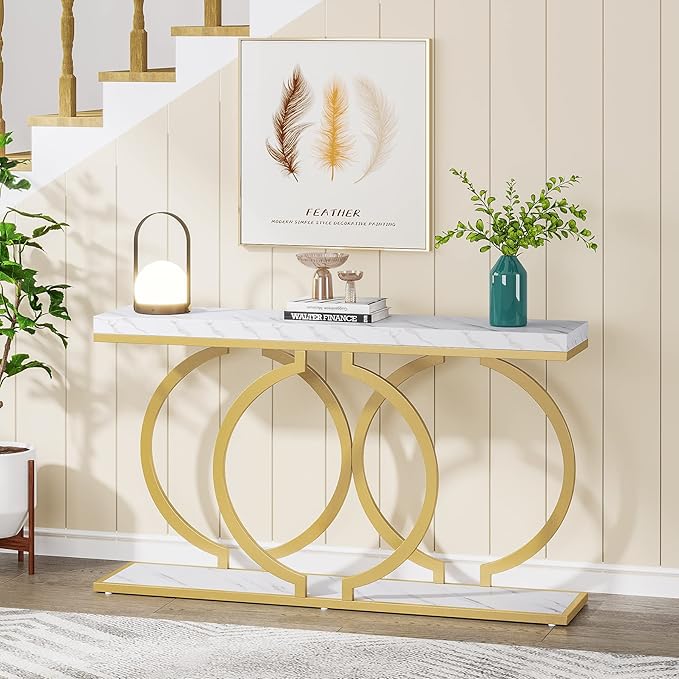 LITTLE TREE 55 inch Faux Marble Gold Console Table Modern Entryway Table Narrow Long Sofa Table Accent Table for Living Room, White and Gold