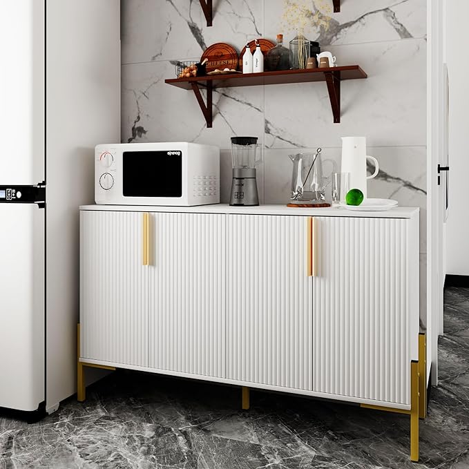 4 Doors Sideboard Buffet Cabinet with Adjustable Shelves,Modern Accent Sideboard with Golden Legs,Wide Storage Cabinet for Kitchen,Living Room,White