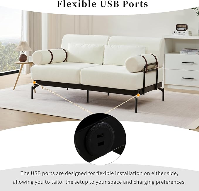 Modern Loveseat Sofa 59" Sofa Couch 2-Seater Sofa with Flexible USB Ports, Unique Cylindrical Armrests for Living Room, Beige