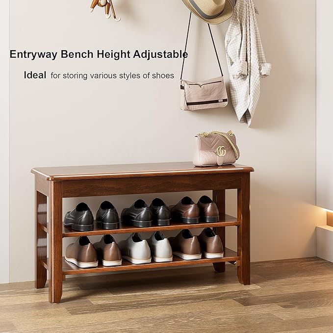 Shoe Storage Bench for Entryway - 3 Tier Shoe Rack for Front Door Entrance, Rubberwood Shoes Rack Height Adjustable, Entryway Bench with Shoes Storage for Any Room (Walnut, 31.5" W)