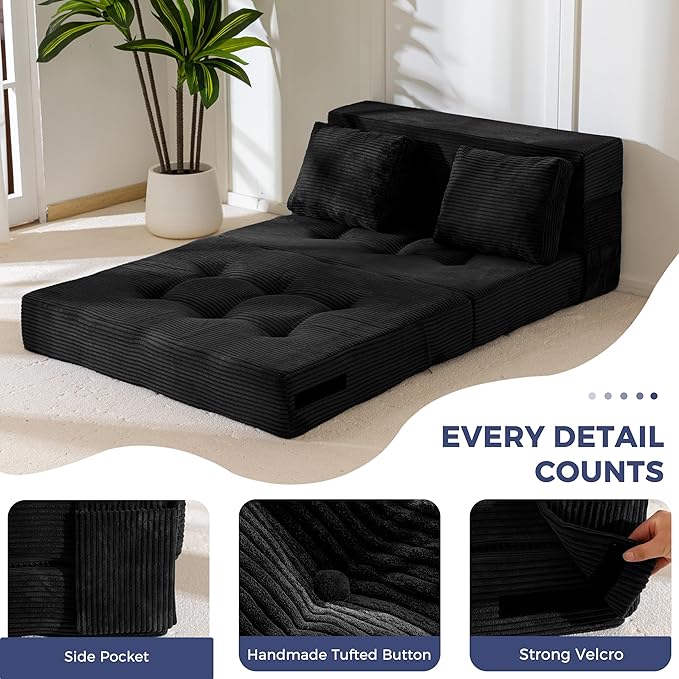 MAXYOYO Convertible Sofa Bed, Fold Out Loveseat Sleeper Sofa with Pillow, 4 in 1 Tufted Folding Couch Bed Foam Floor Couch, Lazy Chair for Living Room Bedroom Guest Room, Black