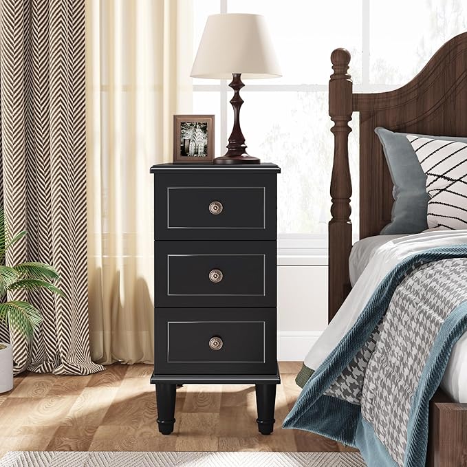 Tribesigns Solid Wood End Table Set of 2, Fully Assembled Narrow Side Table with Drawers, Pre-Assembled Nightstand Slim Bedside Table for Small Spaces, Living Room, Bedroom, Black