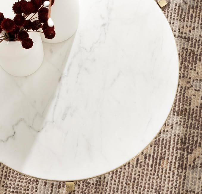 Kate and Laurel Aguilar Modern Round Side Table, 15 x 15 x 24, White and Gold, Genuine Marble Nightstand for Small Spaces and Living Room Décor