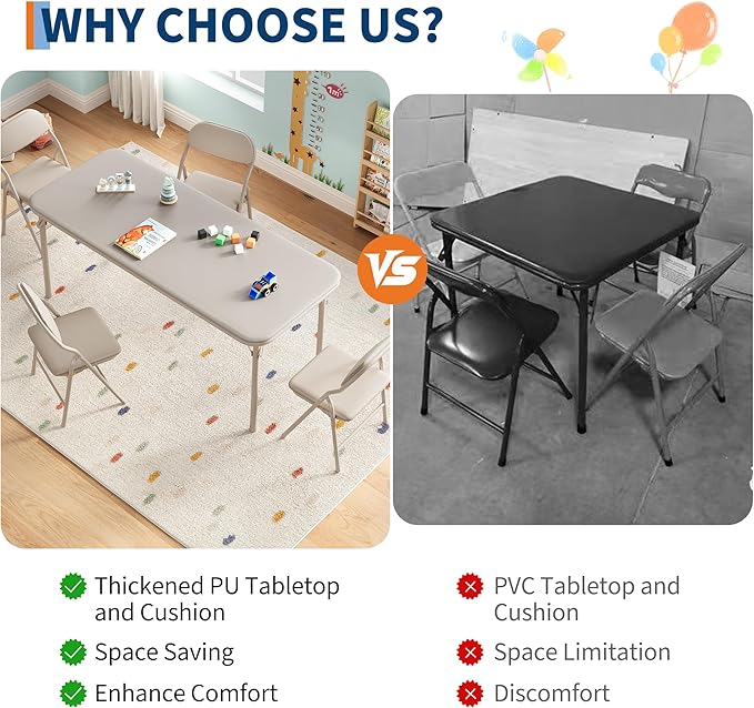GarveeHome 5-Piece Kids Folding Table and Chairs Set, Toddlers Children's Activity Table and Chairs Set for Dining Room,Daycare,Classrooms