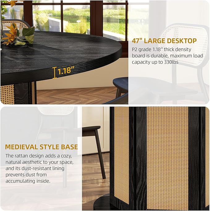 DWVO Round Dining Table for 4-6 People 47 Inch Farmhouse Kitchen Table with Rattan Circular Base Wooden Dinner Table for Dining Room Family Gathering, Black