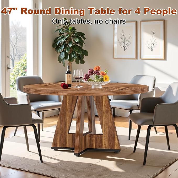 Round Dining Table for 4, 47 Inch Dinner Table Farmhouse Wooden Circle Kitchen Tables with Cross Base for Dining Room, Kitchen, Living Room, Vintage Brown