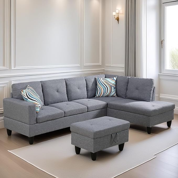 L Shaped Sectional Couch Sofa, Modern Couches for Living Room, Comfy 4 Seat Modular Sectional Sofa with Ottoman Storage for Bedroom Apartment, Gray