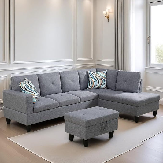 L Shaped Sectional Couch Sofa, Modern Couches for Living Room, Comfy 4 Seat Modular Sectional Sofa with Ottoman Storage for Bedroom Apartment, Gray
