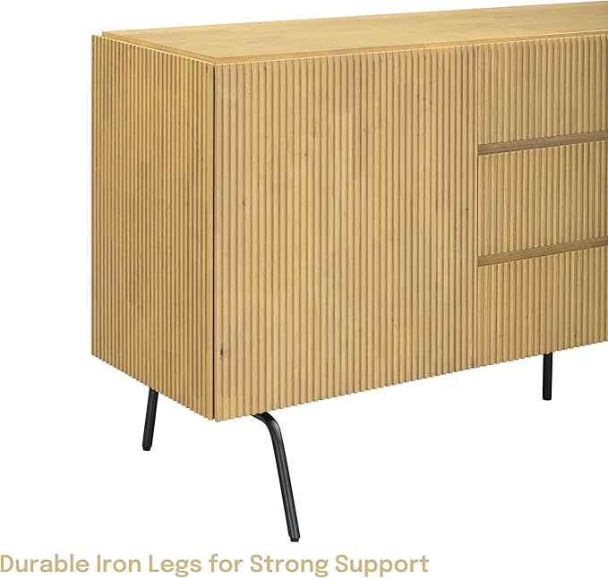 NTC Veil Modern Sideboard with 4 Doors, Buffet Cabinet with Vertical Groove Design and Metal Legs, Storage Cabinet for Living Room, and Hallway, Effortless Assembly, Sand