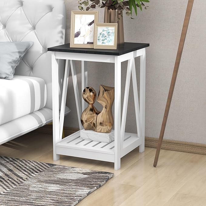 Farmhouse Square End Table, Accent Side Table with Slats Design, Sofa Side Table with Sturdy Frame for Living Room, Oak Black
