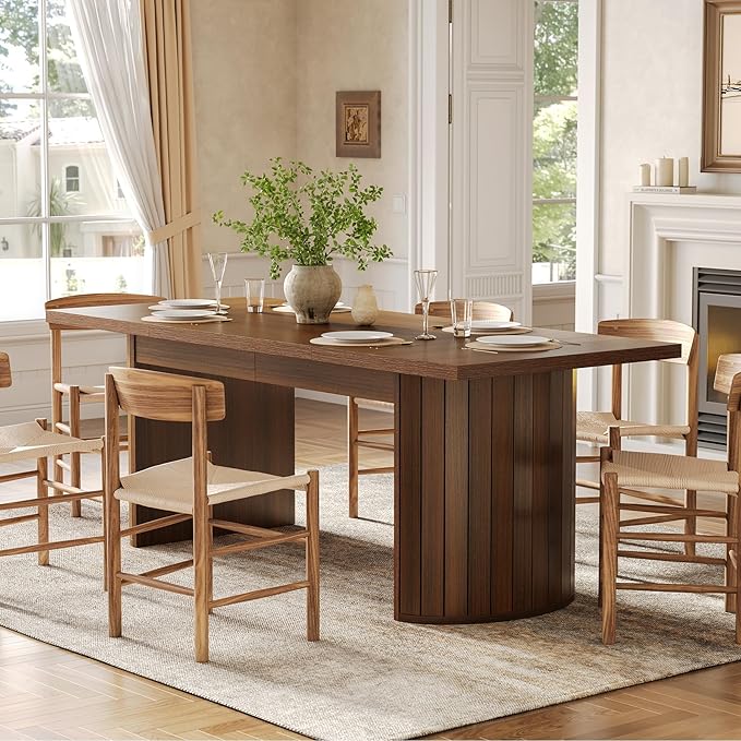 1Easylife 78.74 Inches Long Dining Table for 6, All Wooden Rectangle Kitchen Table, Vintage Dinner Table, Large Dining Room Tables with Half Round Pedestal Fence Design, Deep Brown
