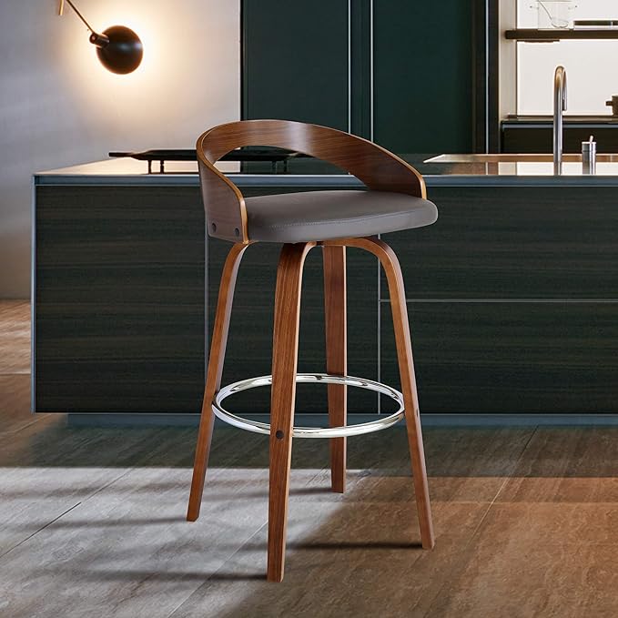 Armen Living Sonia 26" Counter Height Swivel Gray Faux Leather and Walnut Wood Bar Stool