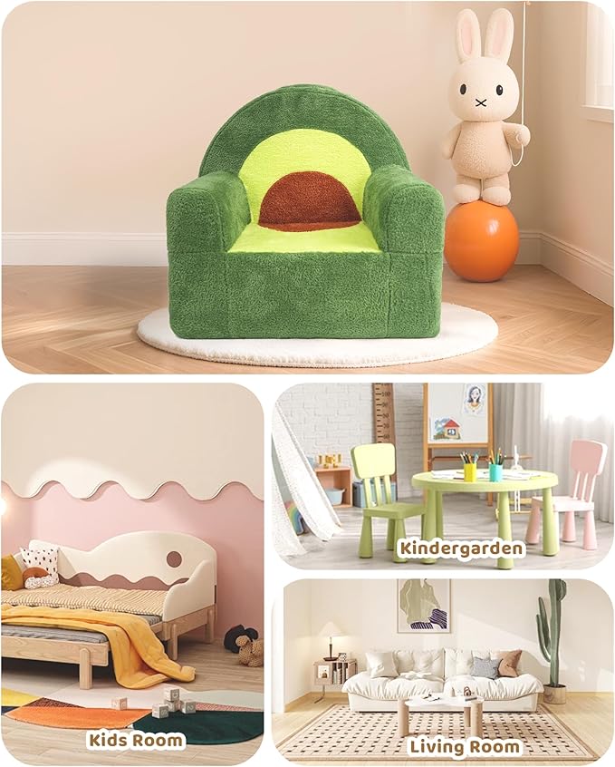 Toddler Chair, Comfy Foam Kids Couch with Soft Velvet Cover, Toddler Couch with Cute Avocado Design for Gaming and Studying, Kids Sofa for Boys and Girls