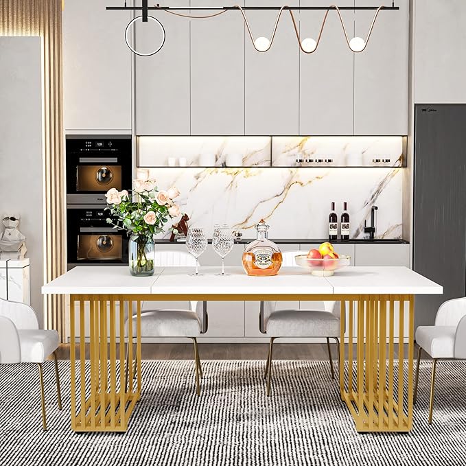Tribesigns Modern Dining Table for 6-8 People, 70.8 Inches Long White Room Kitchen, Wood Kitchen with Gold Metal Legs, Rectangular Dinner Room, Family Gathering