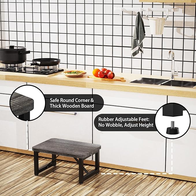 One Step Stool, Wooden Foot Stool for Adults, Small Stepping Stool for Bed and Closet, Heavy Duty Step for Kitchen, Dorm, and Indoor Use, Dark Gray