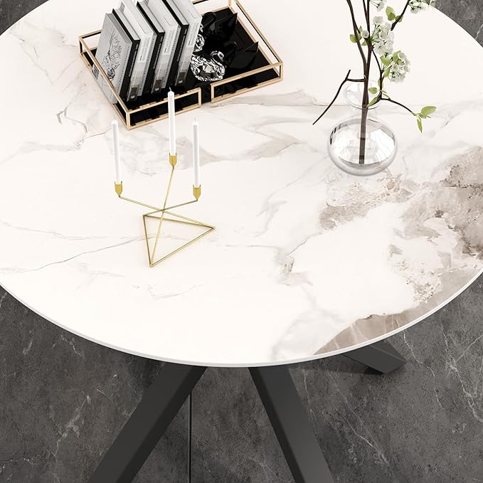Round Marble Dining Table for 2-4 with Metal Legs, 31.5 Inch Modern Small Sintered Stone Kitchen Table for Kitchen Dining Room (White)