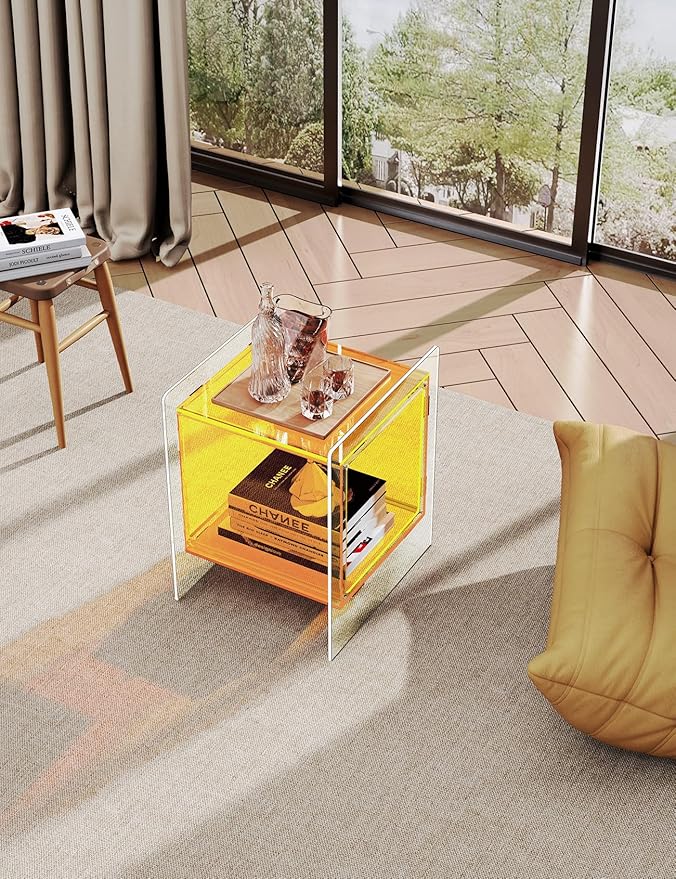 Acrylic Nightstand Colorful Bedside Table with Open Storage Shelf,Clear Side Table for Living Room (1, Yellow)