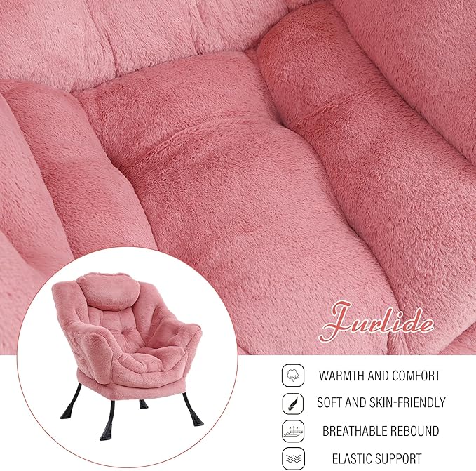 Lazy Chair with Ottoman, Modern Chair with Folding Footrest, Lounge Accent Chair, Comfortable Reading Chair (Plush Dark Pink)