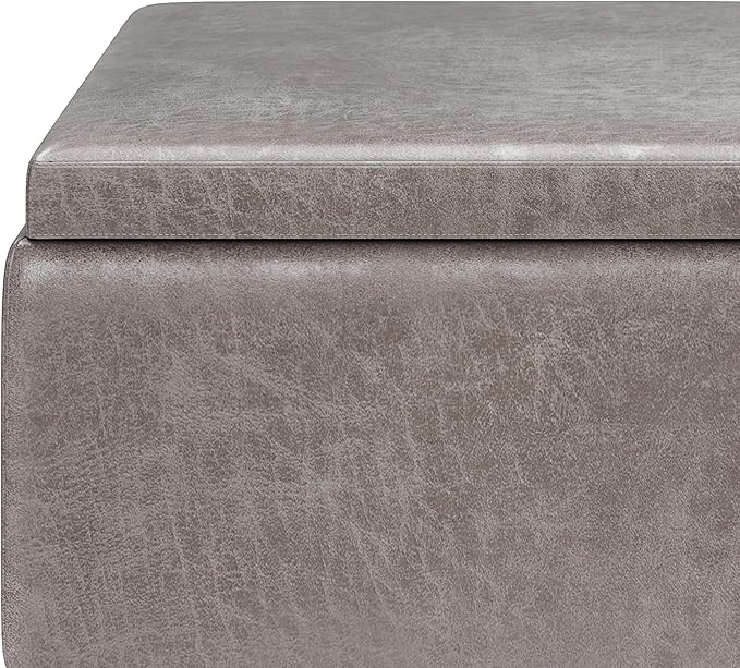 SIMPLIHOME Owen 34 inch Wide Mid Century Modern Rectangle Tray Top Small Coffee Table Storage Ottoman in Distressed Grey Vegan Faux Leather, Assembled, For the Living Room, Entryway and Family Room