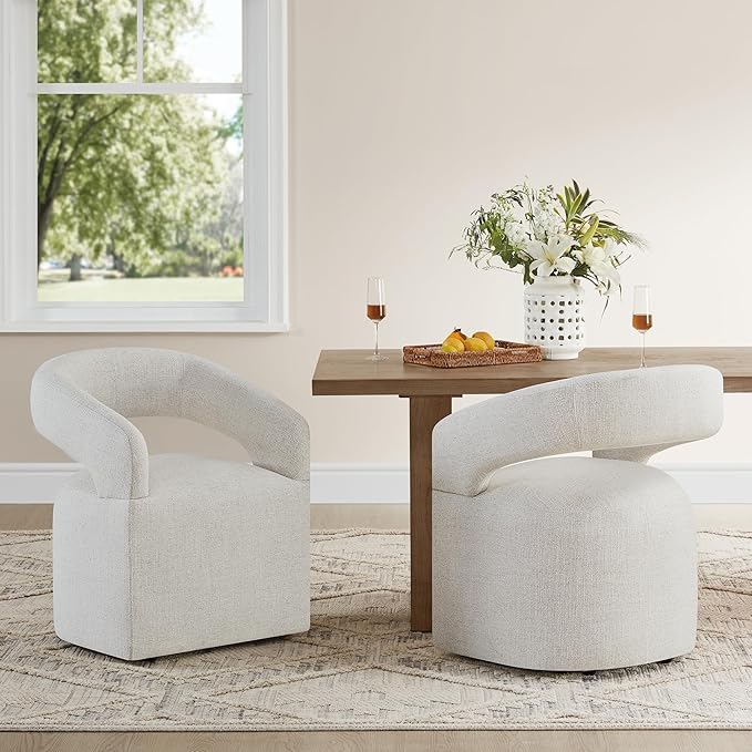 Upholstered Dining Chairs with Casters Modern Barrel Side Armchair with Rollers for Diningroom Bedroom Livingroom Reading Room, Beige, 4PCS