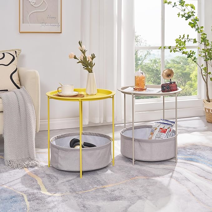 VECELO Round Side/End Table with Fabric Storage Basket，Metal Anti-Rust and Waterproof Small Bedside Nightstand with Removable Tray Top for Living Room，Balcony & Laundry，Grey /2pcs with Basket