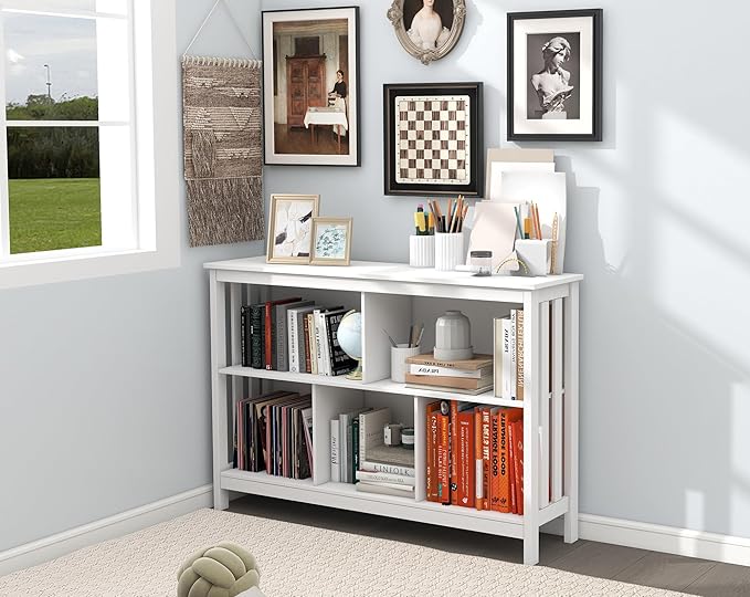TaoHFE Horizontal Bookshelf - Modern Minimalist 2-Tier Book Shelf with Storage, Short Wide Wood Bookshelf for Classroom, Office, Living Room or Study, White