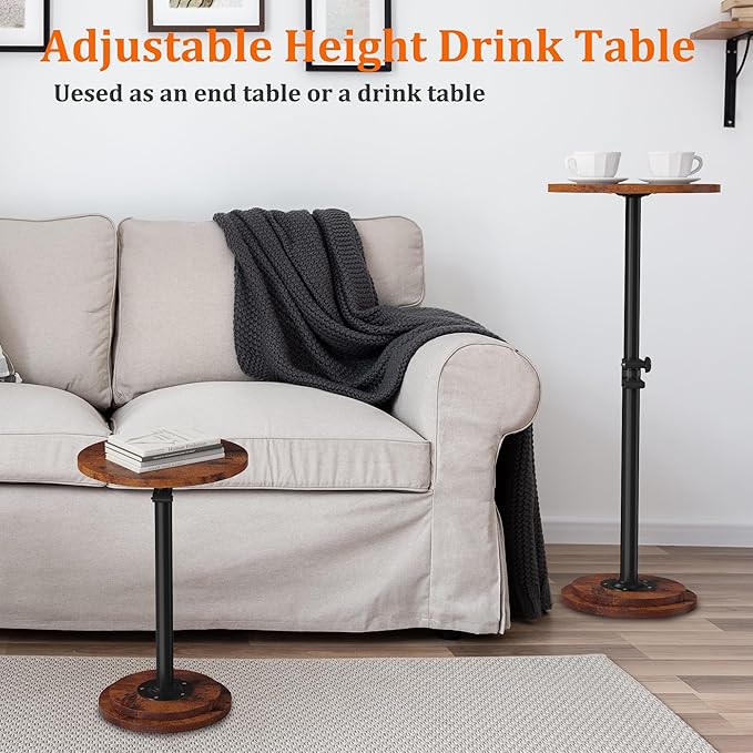 2Pack Drink Table - 360° Swivel Height Adjustable for Small Spaces, Round Side Martini Pedestal Table for Sofa Couch, Living Room, Bedroom, Vintage