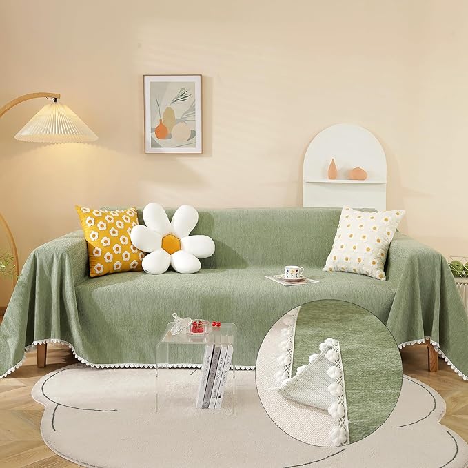 HANDONTIME Couch Cover, Sofa Covers, Sage Couch Cushion Cover Dog Furniture Protector for Living Room Chenille Couch Throw Cover Soft Thick Machine Washable Throw Blankets Sofa Slipcovers, 71" X134"