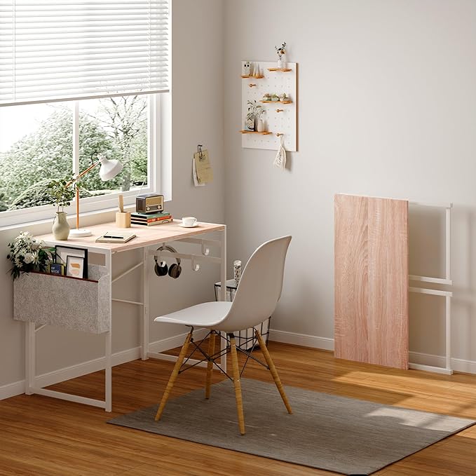 JSB Small Folding Computer Desk with Storage Bag and Hook Writing Modern Industrial Work Table Laptop for Home Office White (Natural & White, 31.5")