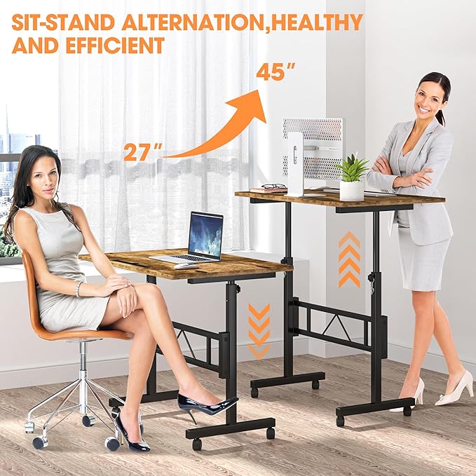 Klvied Small Standing Desk Adjustable Height, Mobile Table with Wheels, Portable Laptop Table, Standing Computer Desk for Walking Pad (Brown)