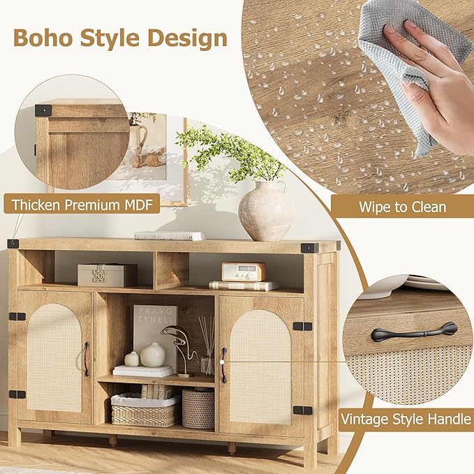 IDEALHOUSE Rattan Buffet Cabinet with Storage, Rattan Wine Bar Cabinet, Sideboard with Glass Holder, Adjustable Shelves, Coffee Bar Cabinet for Living Room Dining Room Hallway, Natural