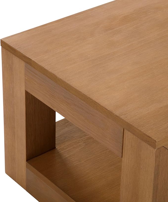 Plank+Beam Modern Rectangular Coffee Table with Shelf, 48", Solid Wood Center Table with Storage, 2 Tier Tea Table for Living Room, Pecan Wirebrush