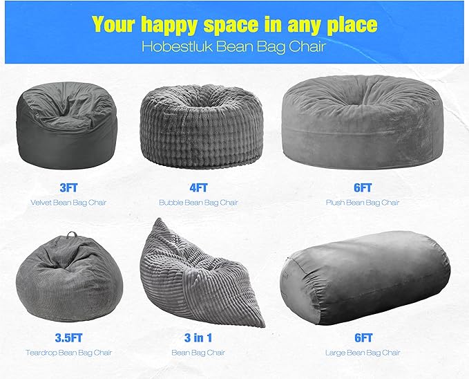 Hobestluk 6FT Bean Bag Chair Large Beanbag Lounger with Removable Cover Adult Bean Bag Chair with Portable Handle Desgin for Living Room Bedroom (Grey, 6FT)