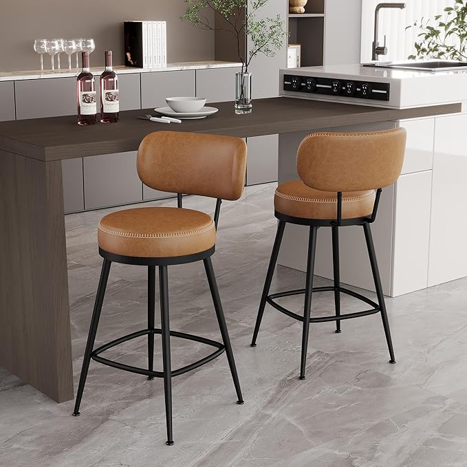 Counter Height Bar Stools, 26" H Swivel Barstools Set of 4, Faux Leather Kitchen Counter Stools with Back and Stylish Stitching, Metal Frame, Pub, Home Bar, Whisky Brown