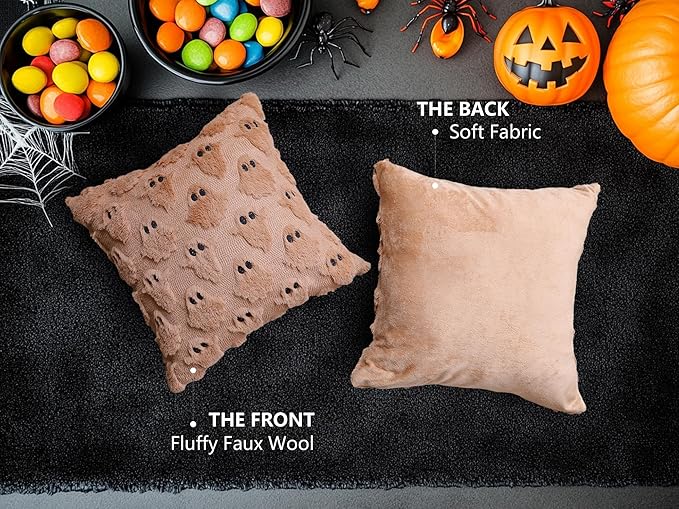 4TH Emotion Halloween Ghost Decorative Pillow Covers 18x18 Set of 2, Light Brown Soft Plush Faux Fur Farmhouse Throw Cushion Cases for Fall Autumn Holiday Home Decorations