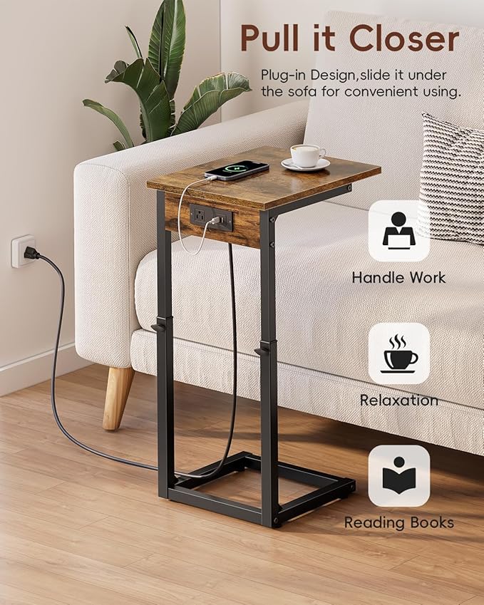 Vagusicc C Shaped End Table with Charging Station, 33" Tall Side Table for Couch, C Table Adjustable Height Small Couch Side Table, Slide Under Sofa Table TV Tray Table for Living Room, Bedroom, Brown