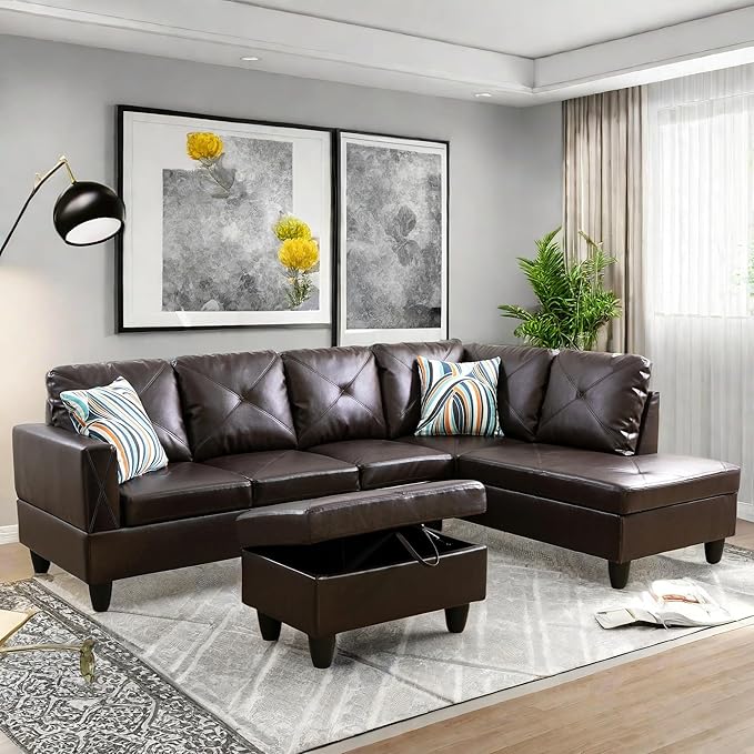 Modular Leather Sectional Couch, L Shaped Couch with Storage, Convertible Sofa with Ottomans, Modern Sectional Sofa for Living Room and Office, 5 Seat, Brown