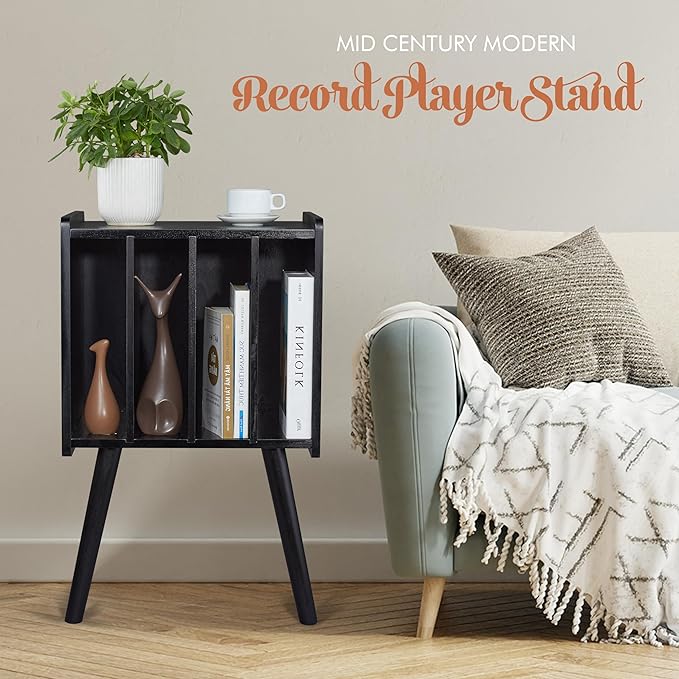 Wooden LP Record Player Stand with 4 Cabinets, Holds up to 100 Vinyls, Metal Record Storage Holder and Organizer Table, Classical Design for Files/Book (Mid-Century Modern)