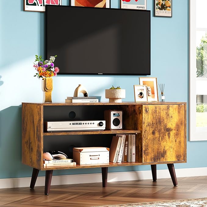 WLIVE TV Stand for 43 Inch TV, Small Entertainment Center with Storage Cabinet & Adjustable Shelves, Mid-Century Modern TV Stands for Living Room and Bedroom, 32" TV Console, Brown