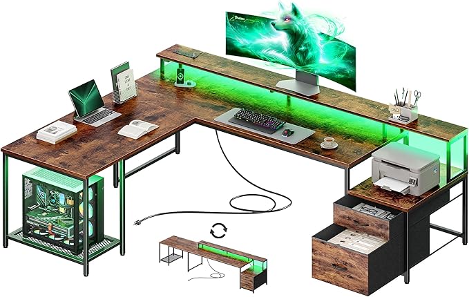 PRAISUN 66 Inch L Shaped Computer Desk with Power Outlets and LED Lights, Home Office Desk with Fabric Drawers and Print Stand, L Shape or Long Set up, Monitor Stand, Mesh CPU Stand, Rustic Brown