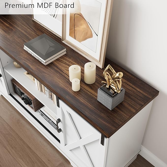 GarveeHome Farmhouse Tv Stand for 65 Inches TVs, Entertainment Center with Sliding Barn Doors and Adjustable Shelf, Modern Media TV Console TV Stand Table for Living Room, Bedroom, White